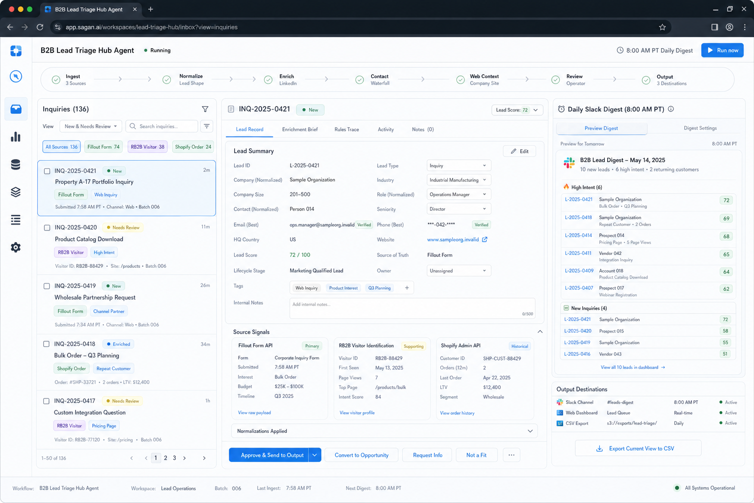 B2b Lead Triage Hub Agent workflow preview