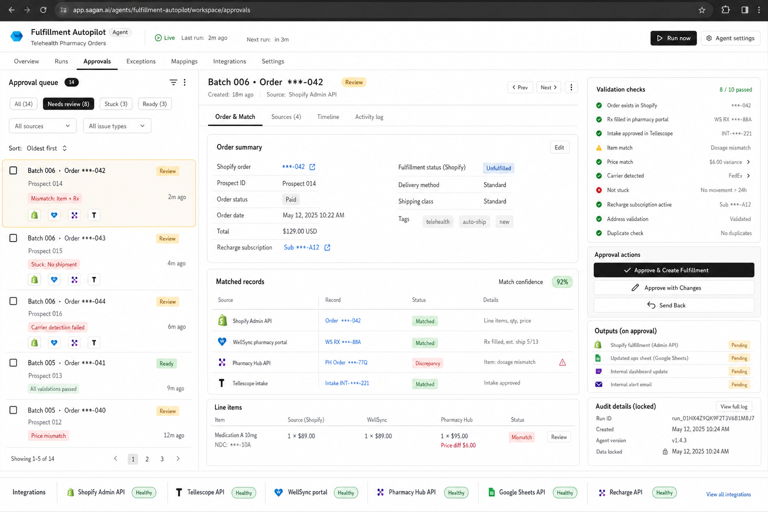 Fulfillment Autopilot for Telehealth Pharmacy Orders Agent workflow preview