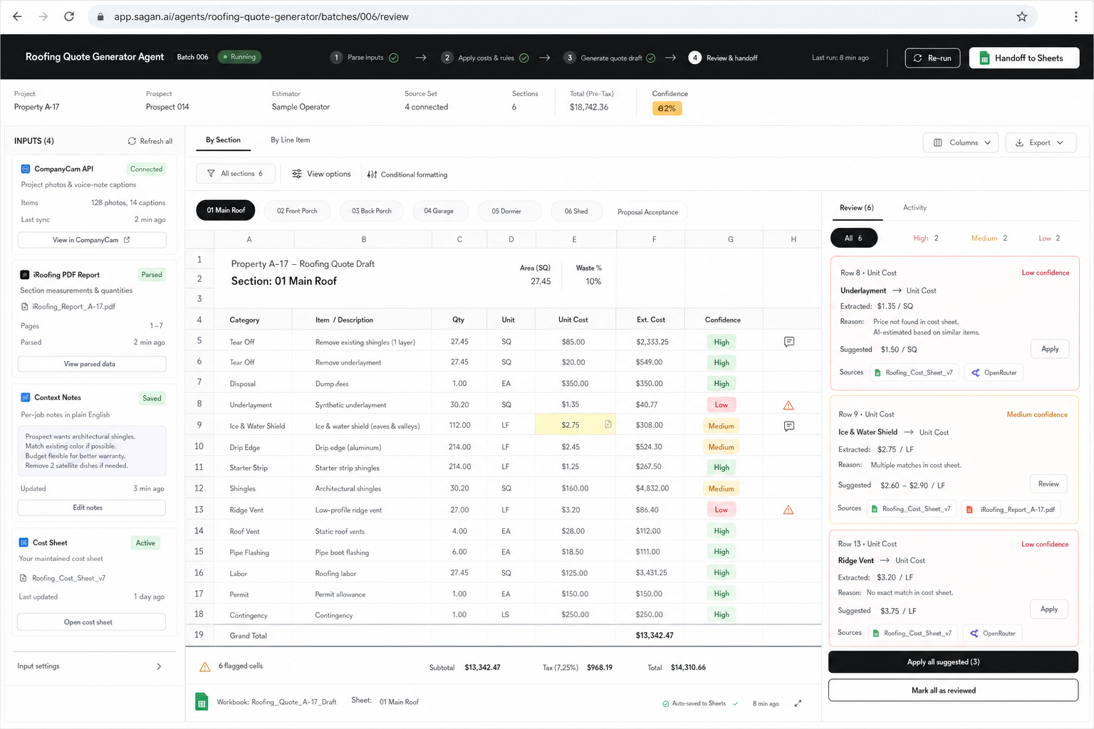 Roofing Quote Generator Agent workflow preview