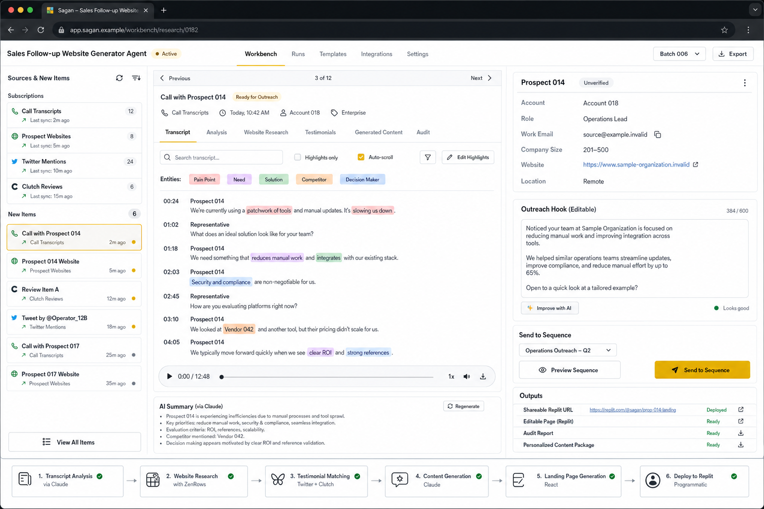 Sales Follow-up Website Generator Agent workflow preview