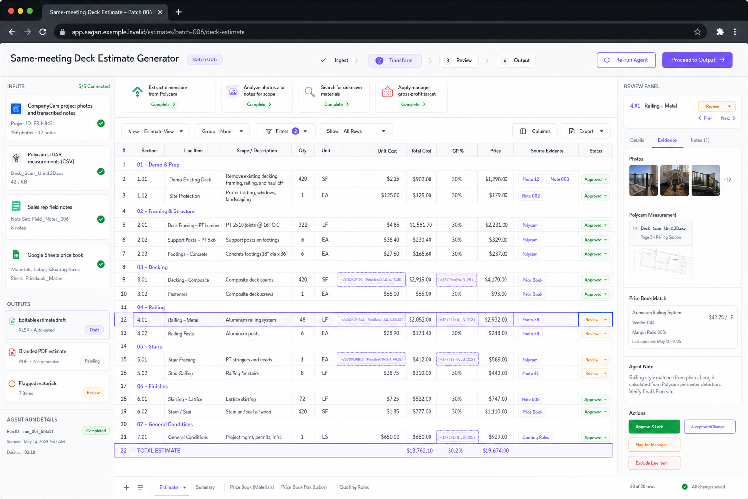Same-meeting Deck Estimate Generator Agent workflow preview