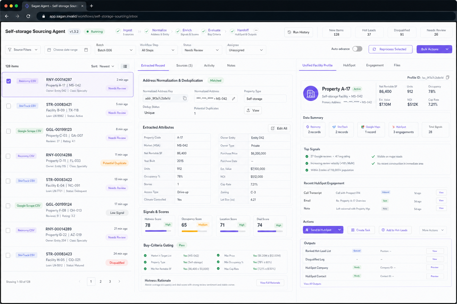 Self-storage Sourcing Agent workflow preview