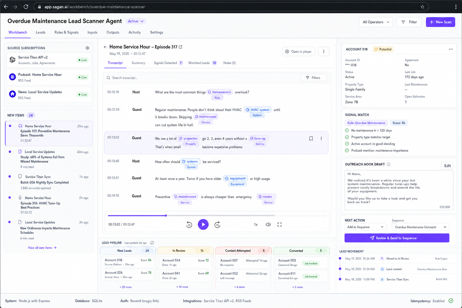 Service Titan Overdue Maintenance Lead Scanner Agent workflow preview