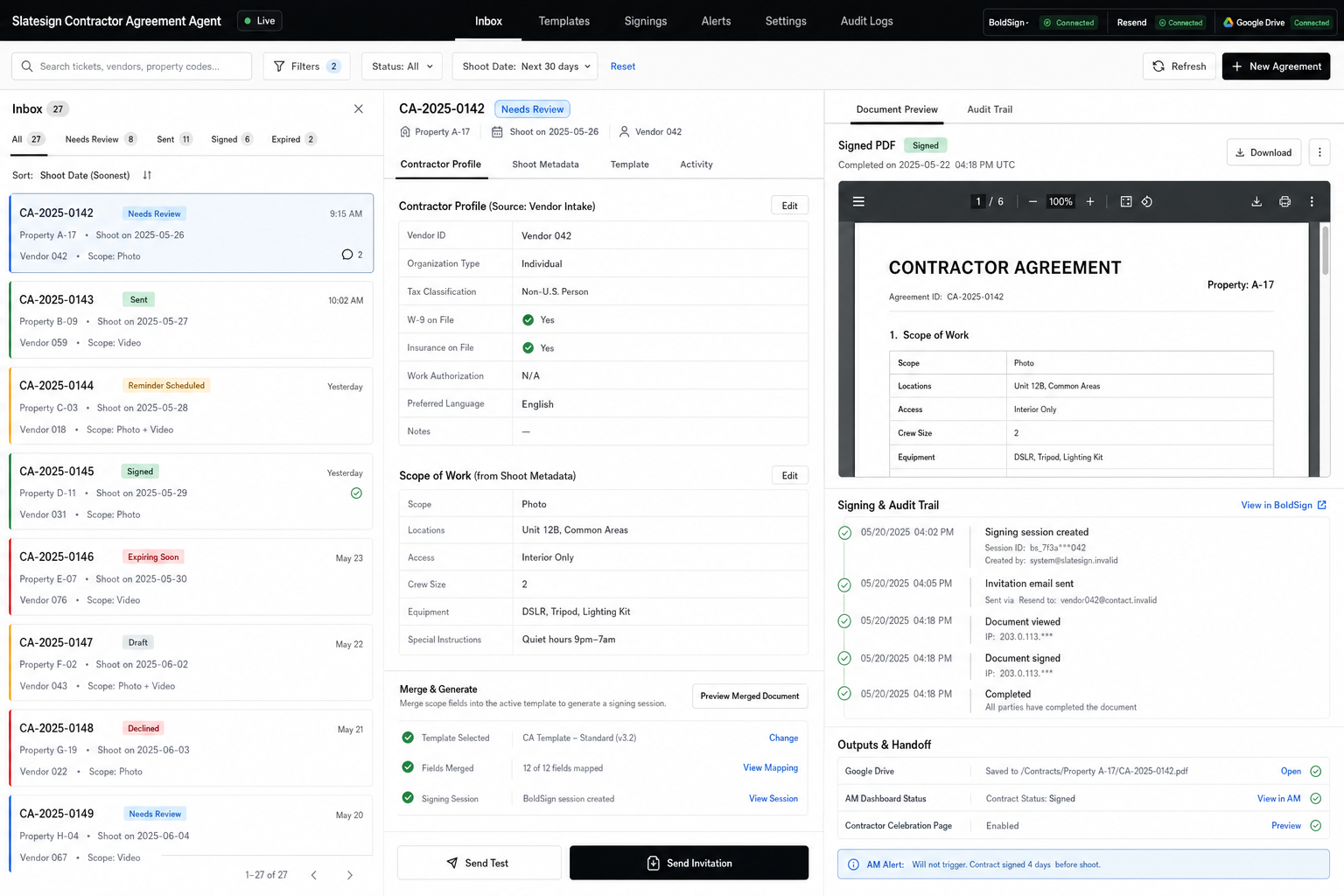 Slatesign Contractor Agreement Agent workflow preview