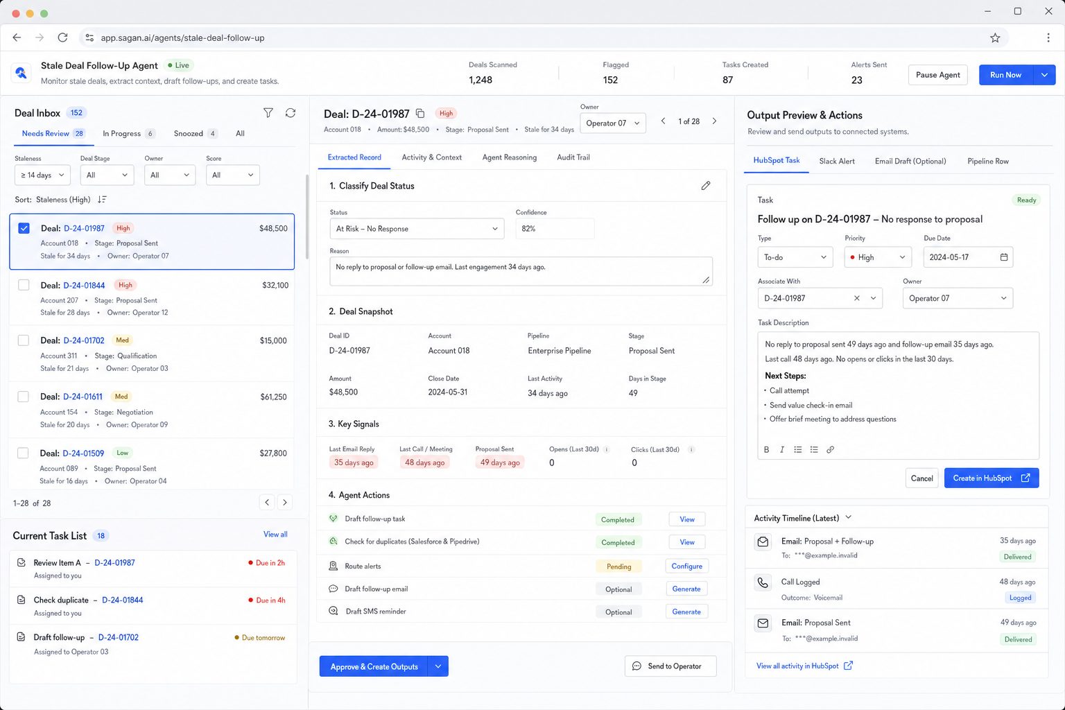 Stale deal follow-up task agent workflow preview