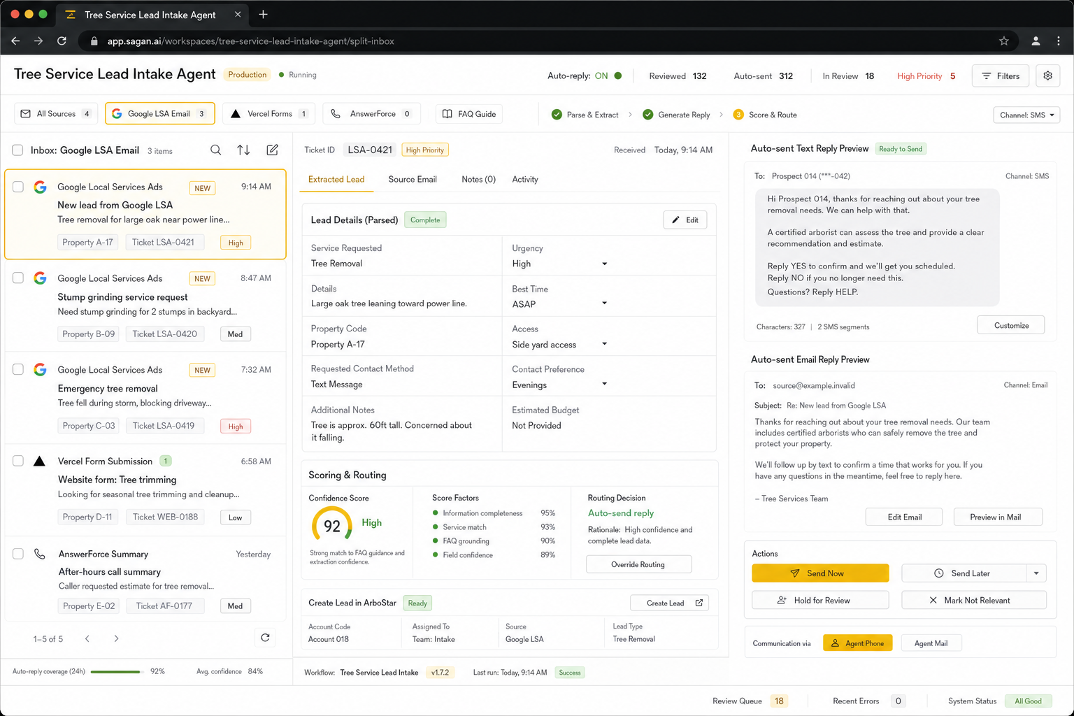 Tree Service Lead Intake Agent workflow preview
