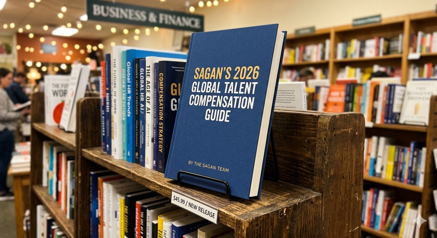 Sagan's 2026 Global Talent Compensation Guide on a bookstore shelf, Business and Finance section
