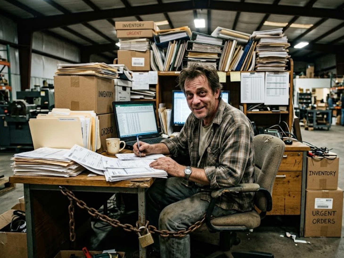 Business owner buried in paperwork, chained to his desk